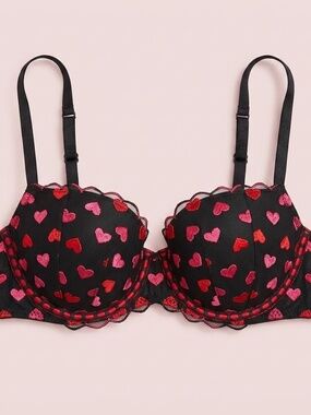NWT Victoria's Secret Pink and Red Hearts Black Lace Trim Push-Up Bra 36C
